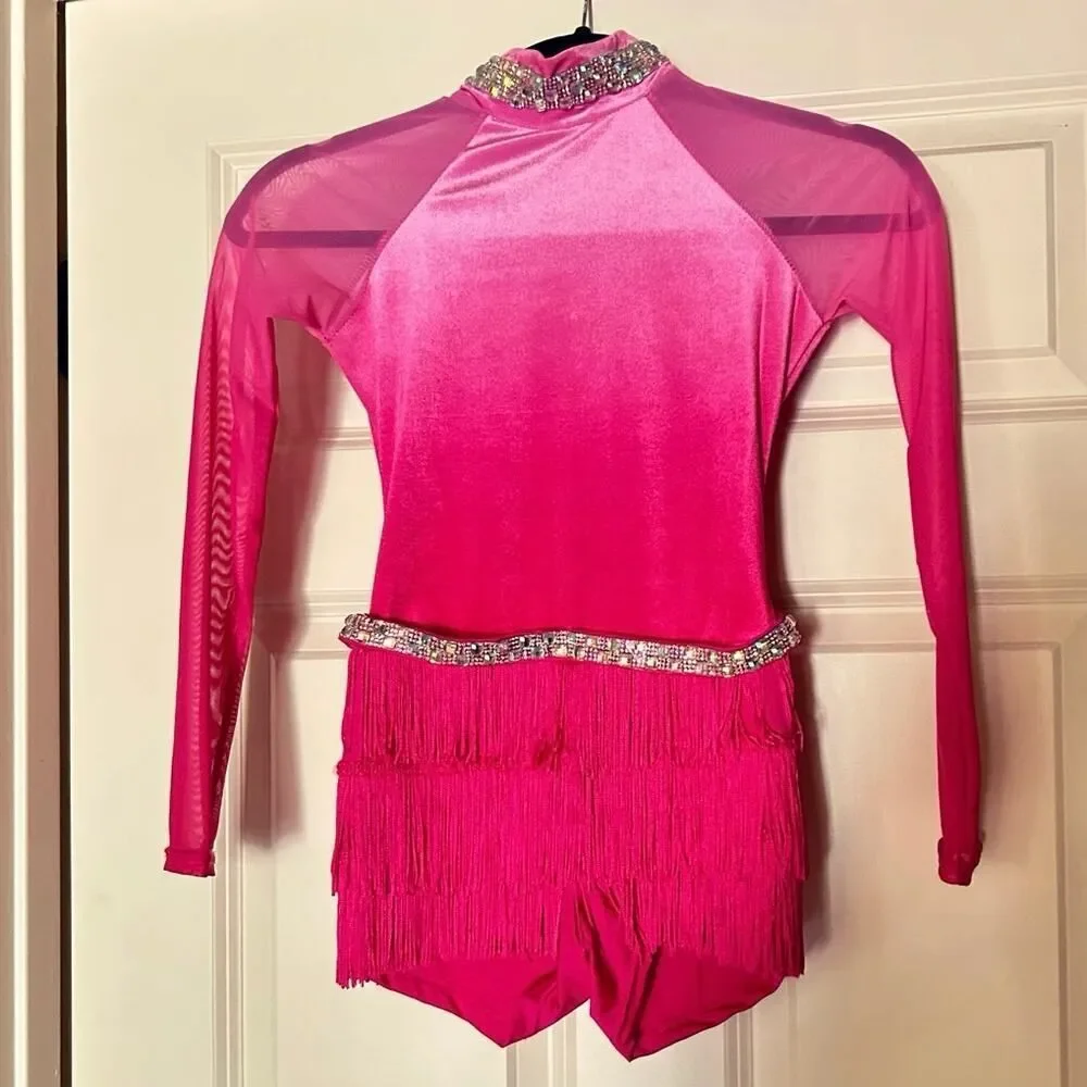 Weissman Pink Velvet Rhinestone Fringe Jazz Dance Costume Girls Medium Child - Picture 2 of 11